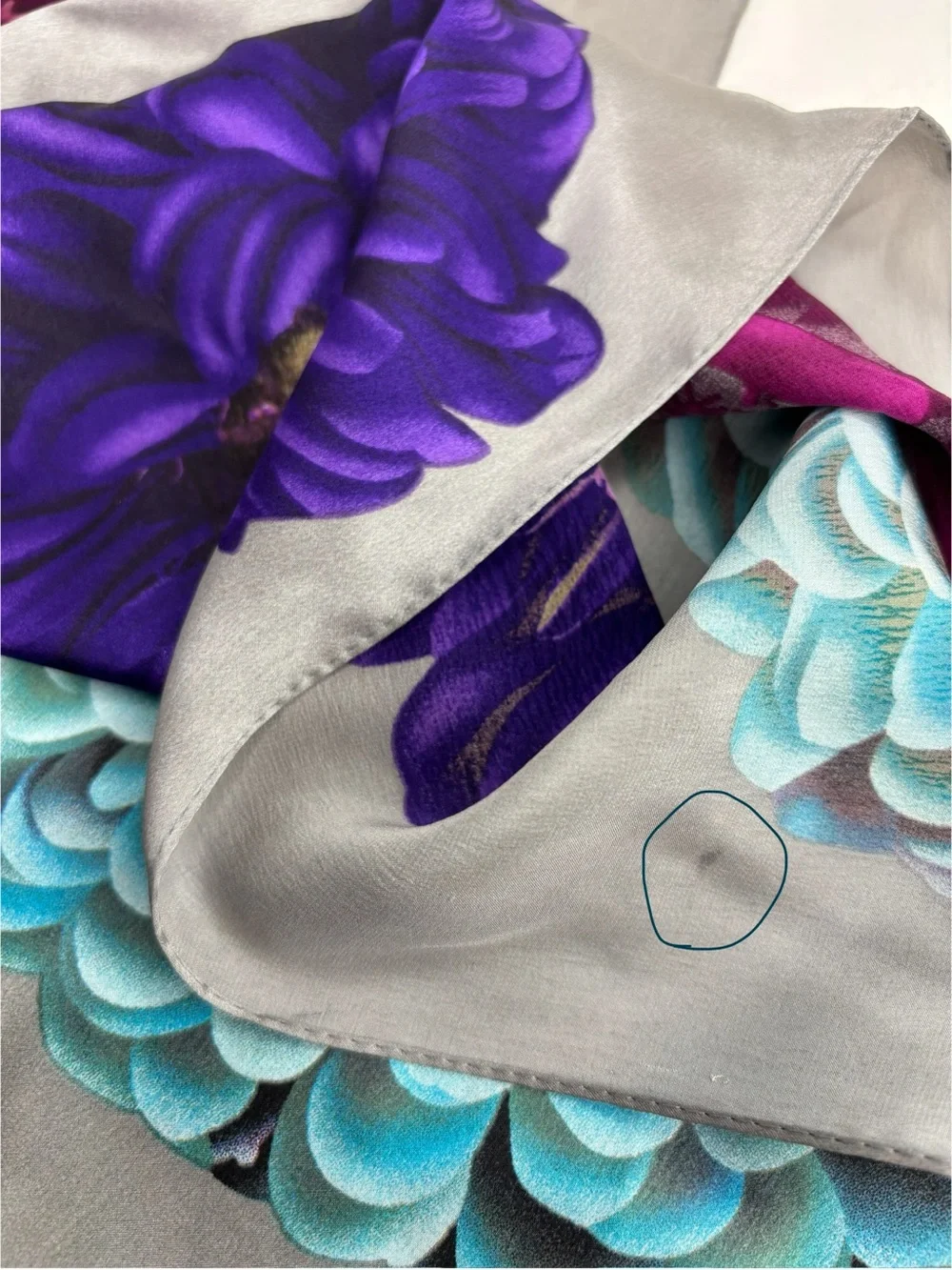 Vintage Echo Silk Scarf Silver Grey w Magenta, Teal & Purple‎ Floral Accents